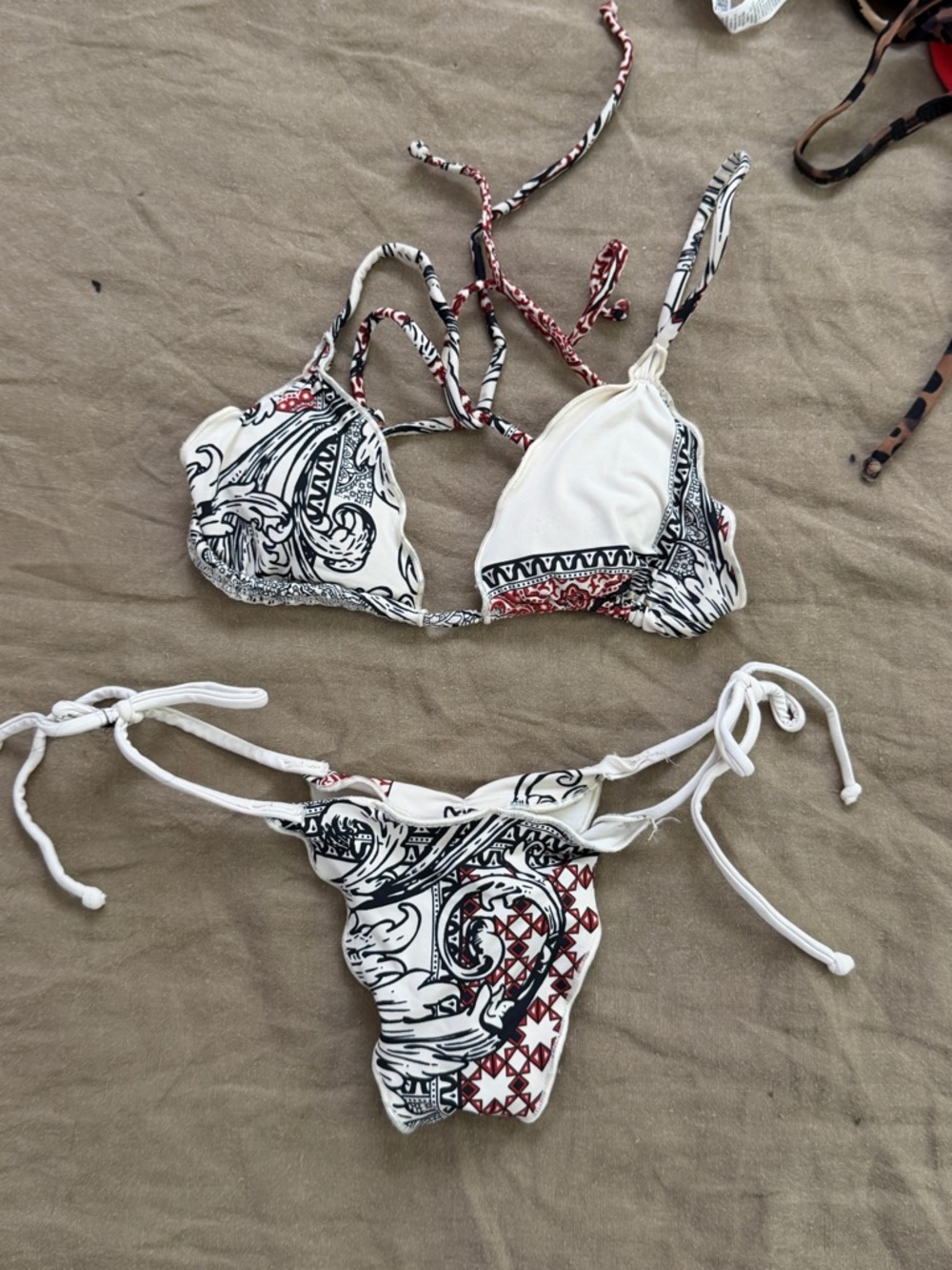 San Lorenzo White Paisley Tie-Side Bikini with Black & Red Accents